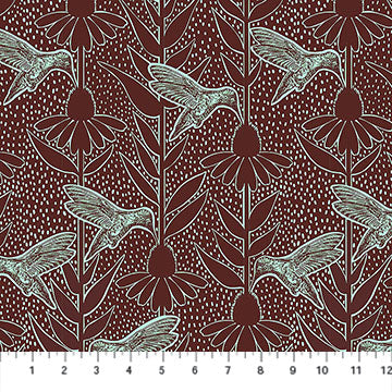 a repeating pattern of stylized hummingbird silhouettes against a dark red background with white polka dots.