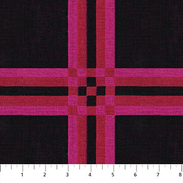 a close-up view of a fabric with a striking pattern of pink and black stripes. The fabric appears to be a dark-colored material with horizontal stripes in shades of pink and black, creating a visually striking contrast.