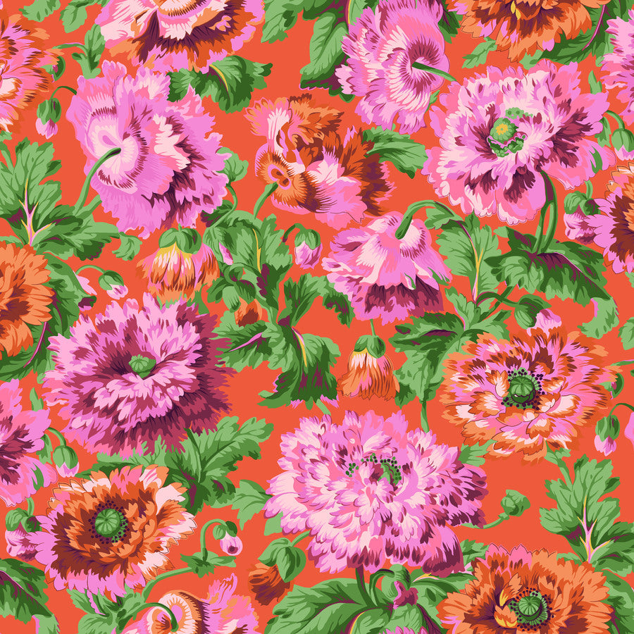 The image is a vibrant and colorful floral pattern featuring a variety of pink and orange flowers with green leaves against a bright orange background.