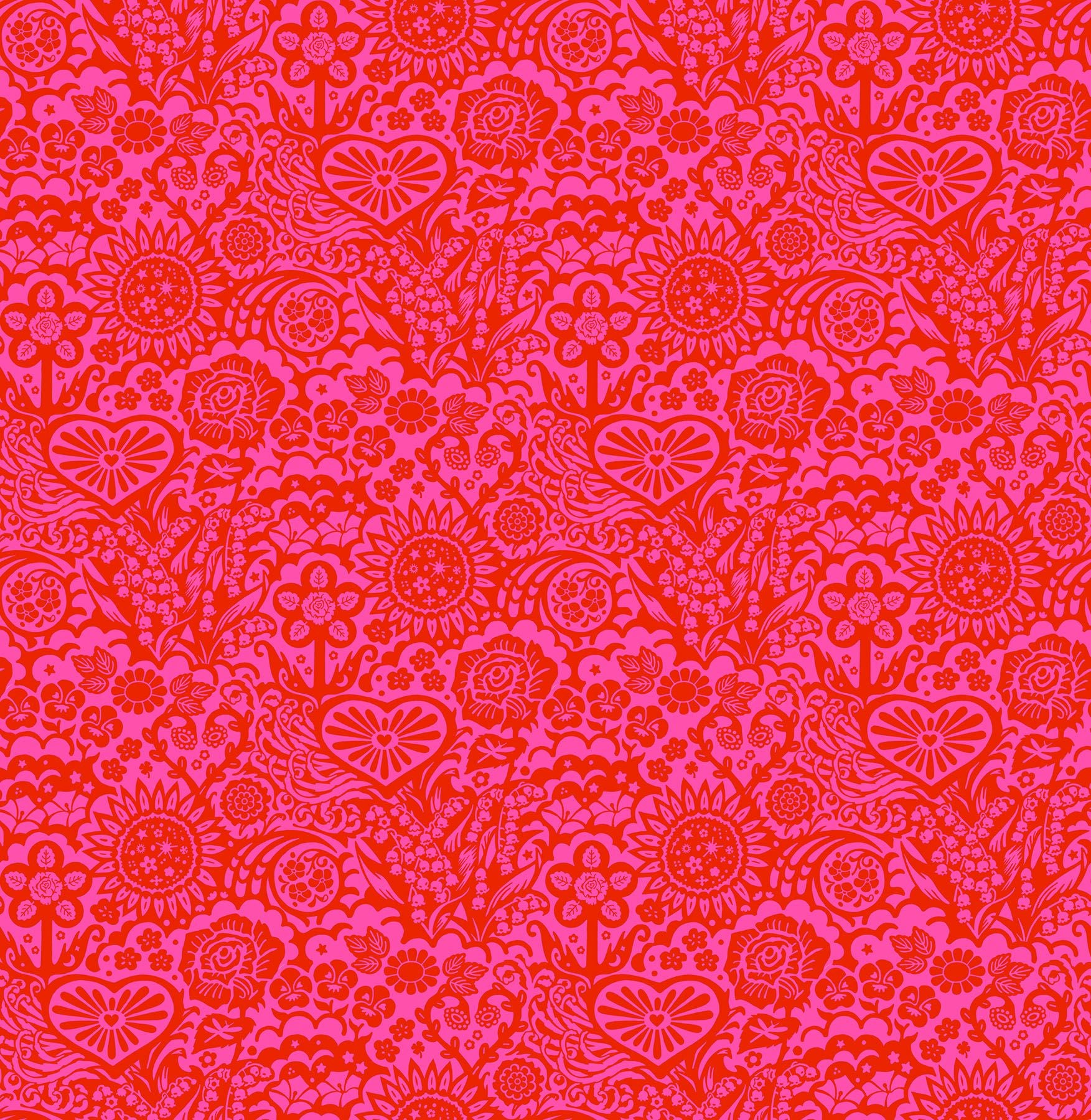 The image is a vibrant, repeating pattern of pink and red floral and leaf designs. The pattern features various types of flowers and leaves, including sunflowers, roses, and other decorative elements, creating a visually striking and intricate design.