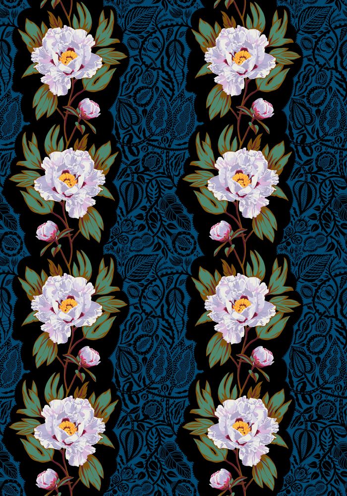 a repeating pattern of white peonies with green leaves against a dark blue background.