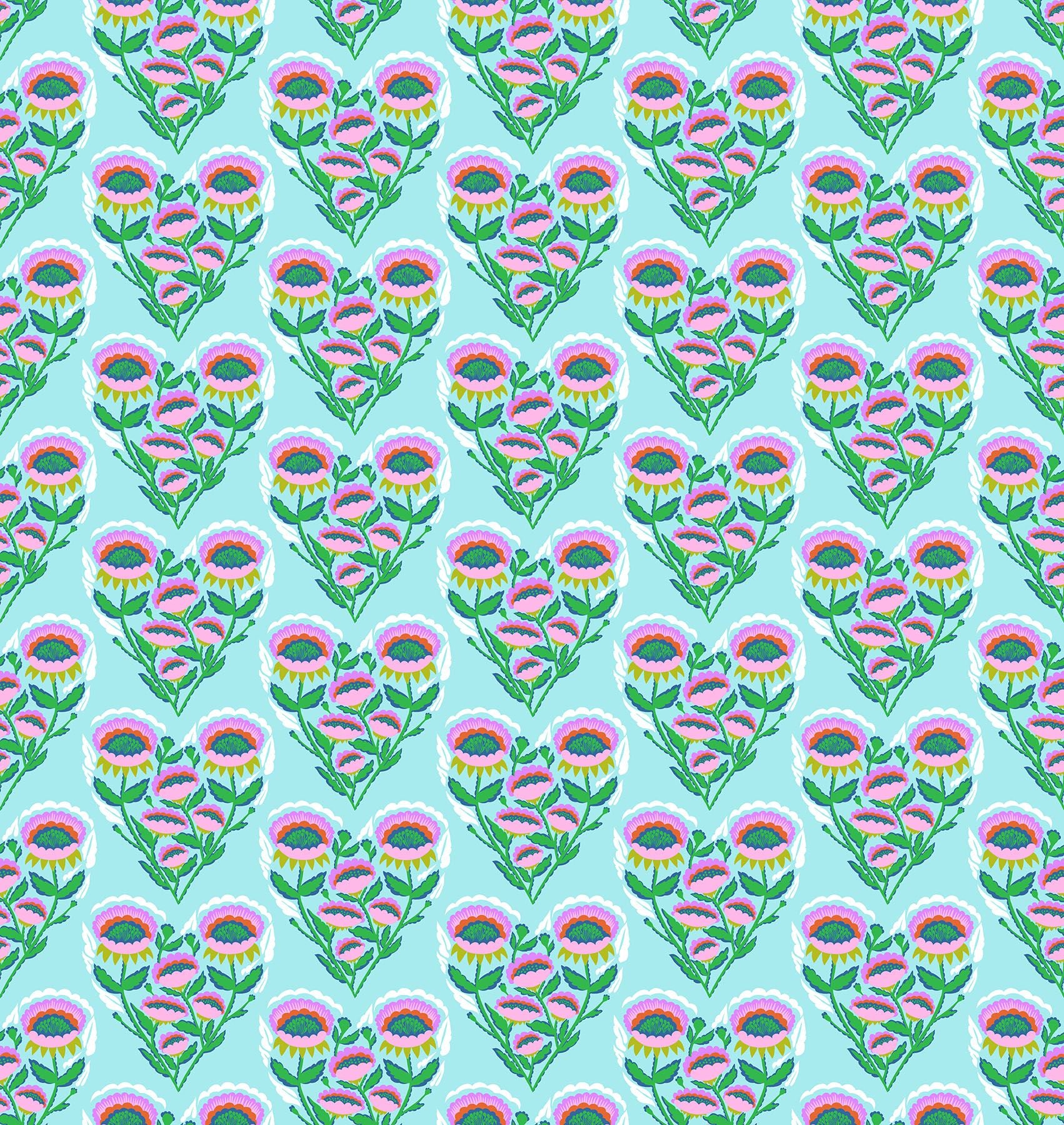 a repeating pattern of pink and green flowers arranged in a heart shape against a light blue background.