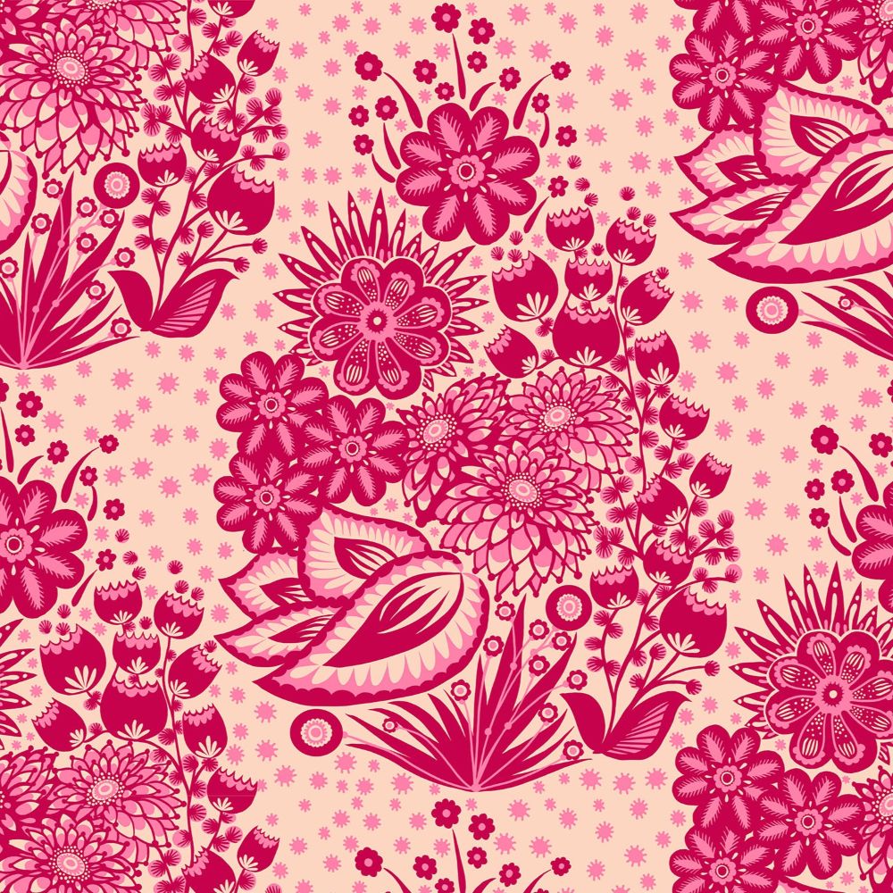 a repeating pattern of pink and red floral designs on a light peach background.