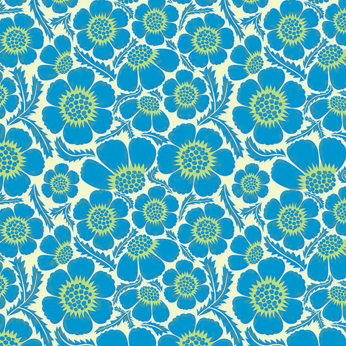 a repeating pattern of blue and yellow flowers with yellow centers, creating a vibrant and eye-catching design.