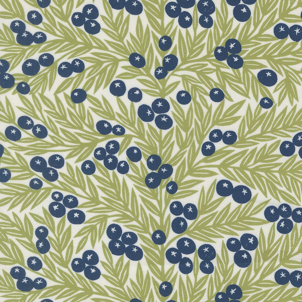 a repeating pattern of blue berries on green leaves, creating a visually appealing and harmonious design.