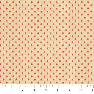 a fabric with a repeating pattern of red polka dots on a beige background.