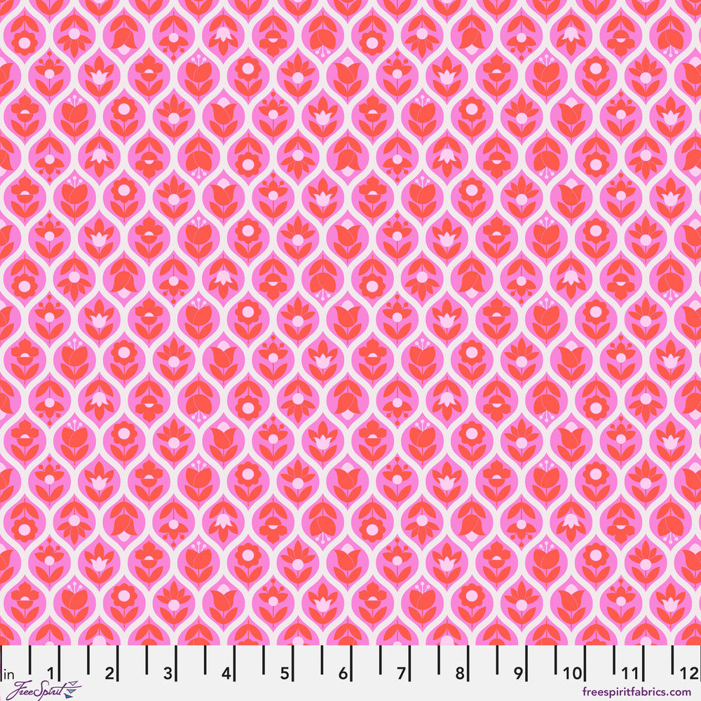 The image is a repeating pattern of pink and white flowers arranged in a grid-like fashion.