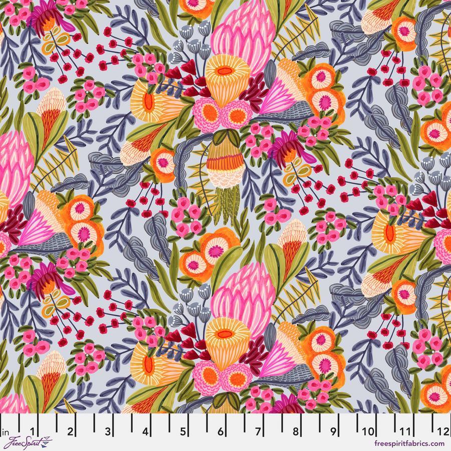 The image is a vibrant and colorful pattern featuring a variety of flowers and foliage in shades of pink, orange, green, and blue. The pattern is composed of multiple repeating floral and leaf designs, creating a visually striking and intricate design.