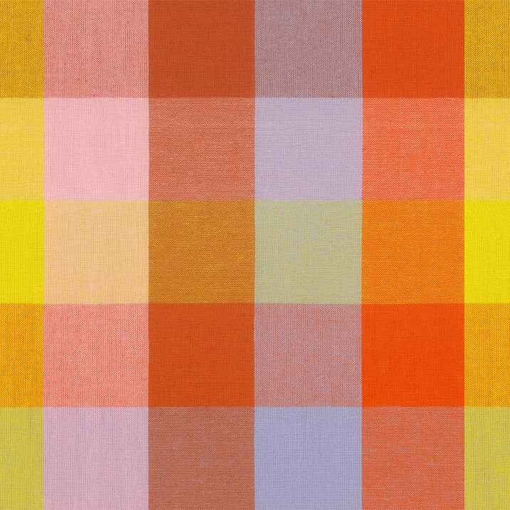 The image is a vibrant and colorful checkered pattern composed of various shades of orange, pink, yellow, and blue squares.