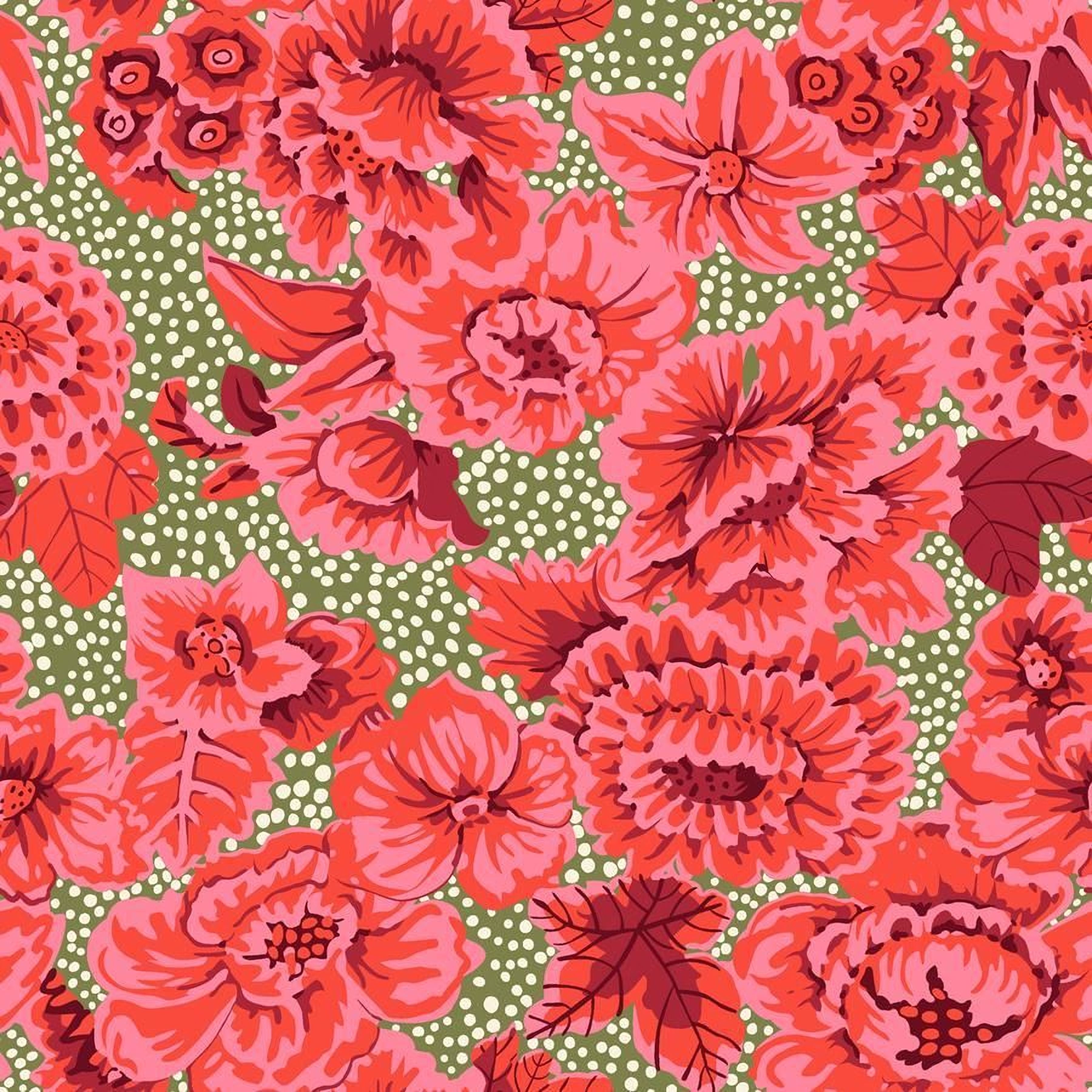 The image is a vibrant and colorful floral pattern featuring a variety of red and pink flowers against a green background with white polka dots.