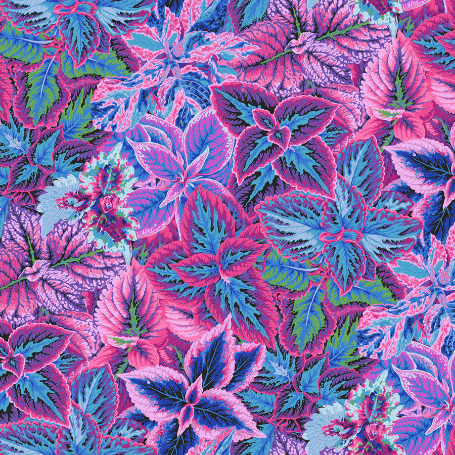 The image is a vibrant and colorful collage of various leaves and flowers in shades of pink, blue, green, and purple. The leaves and flowers are arranged in a visually striking and intricate manner, creating a captivating and eye-catching pattern.
