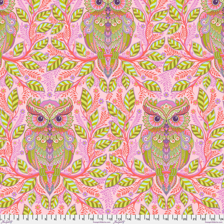a pink and green owl on a pink background