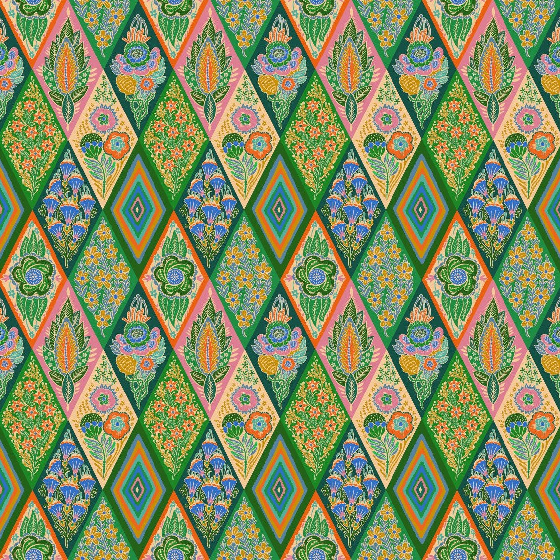The image is a vibrant and colorful pattern composed of various geometric shapes and floral motifs in shades of green, orange, and pink. The pattern features a repeating diamond-shaped design with a floral motif at each corner, creating a visually striking and intricate design.