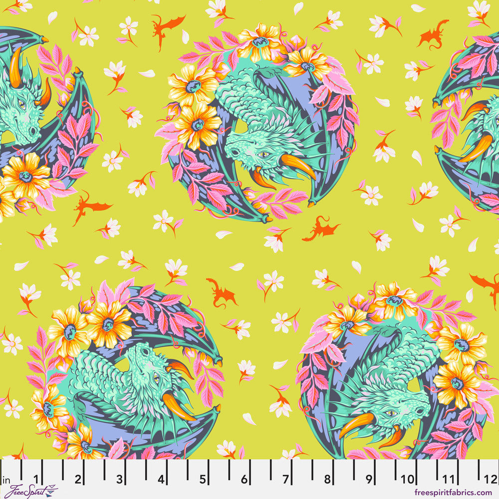 The image is a vibrant and colorful fabric pattern featuring a dragon surrounded by flowers and leaves. The pattern is composed of multiple circular designs, each with a dragon and floral motif. The background is a bright yellow color, providing a striking contrast to the colorful elements. The image is a collage of several smaller images, creating a visually appealing and dynamic design.