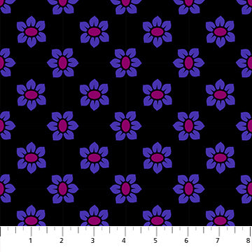 a repeating pattern of purple and black flowers on a black background.