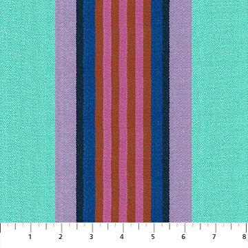 a vibrant, multicolored striped fabric with vertical stripes in various colors including blue, pink, and purple.