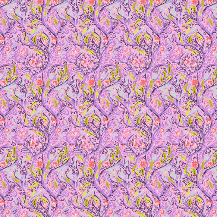 a purple and green pattern with flowers on it