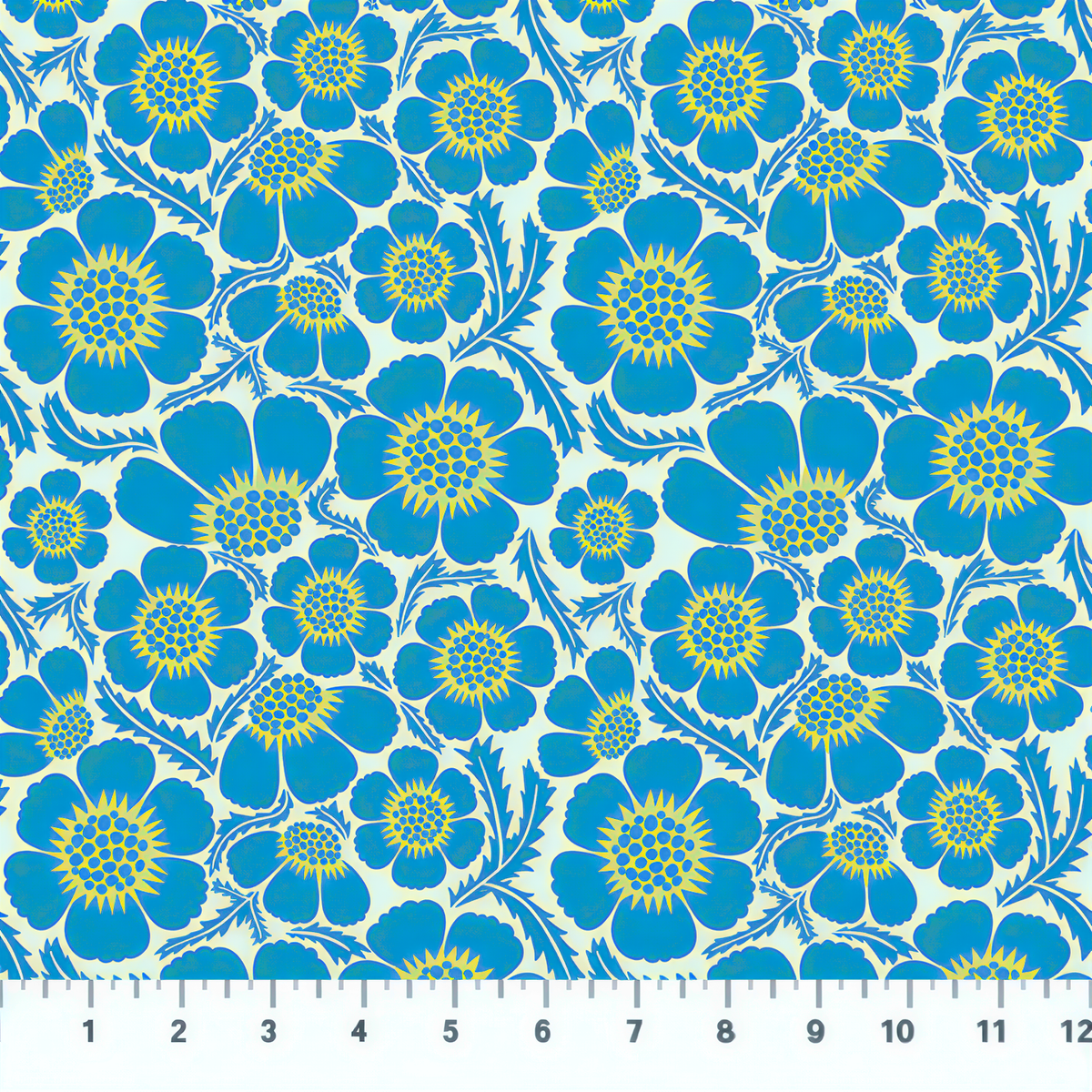 a repeating pattern of blue and yellow flowers with yellow centers, creating a vibrant and eye-catching design.