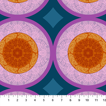 a repeating pattern of circular designs in shades of purple, orange, and teal.