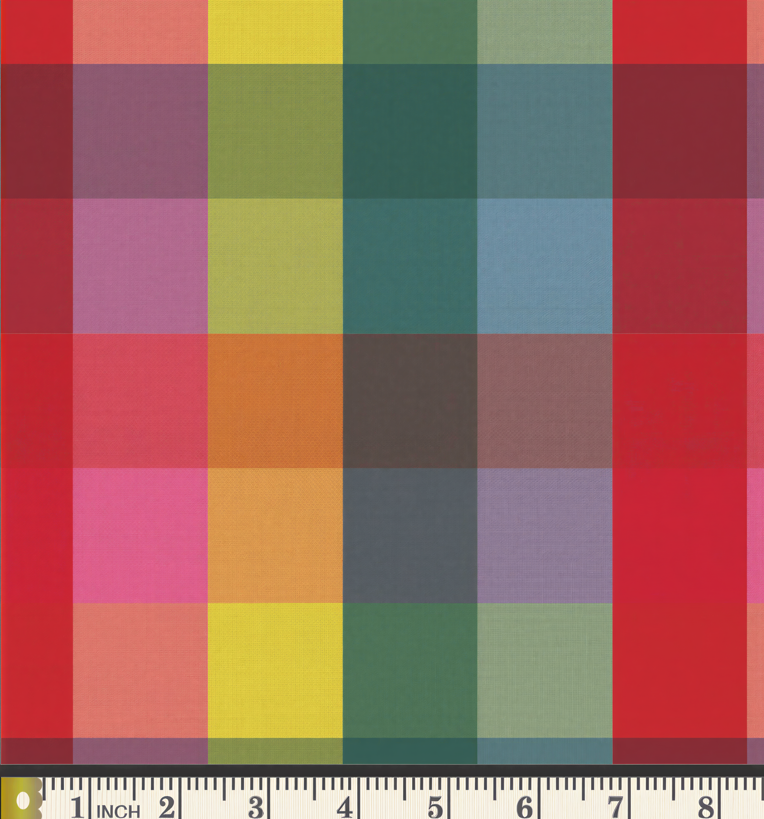The image is a vibrant and colorful fabric with a repeating pattern of squares in various bright colors, including red, orange, yellow, green, blue, and purple. The fabric appears to be a checkered or plaid pattern, with the squares arranged in a grid-like fashion. The image is approximately 1 inch in width and 3 inches in height, and it is described as a "collage of multiple images" and "a fabric with a repeating pattern of squares in various bright colors."