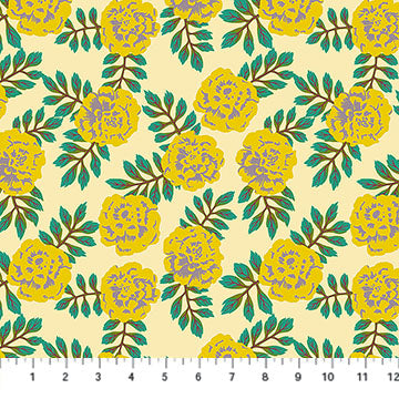 a repeating pattern of yellow flowers with green leaves on a light yellow background.