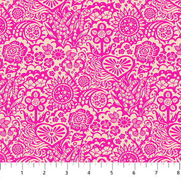 The image is a vibrant and colorful pattern featuring various flowers, leaves, and other natural elements in shades of pink and beige. The pattern appears to be a repeating design, with the elements arranged in a visually appealing and intricate manner.