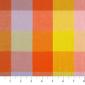 The image is a close-up of a fabric with a repeating pattern of squares in various colors, including red, orange, yellow, and pink.