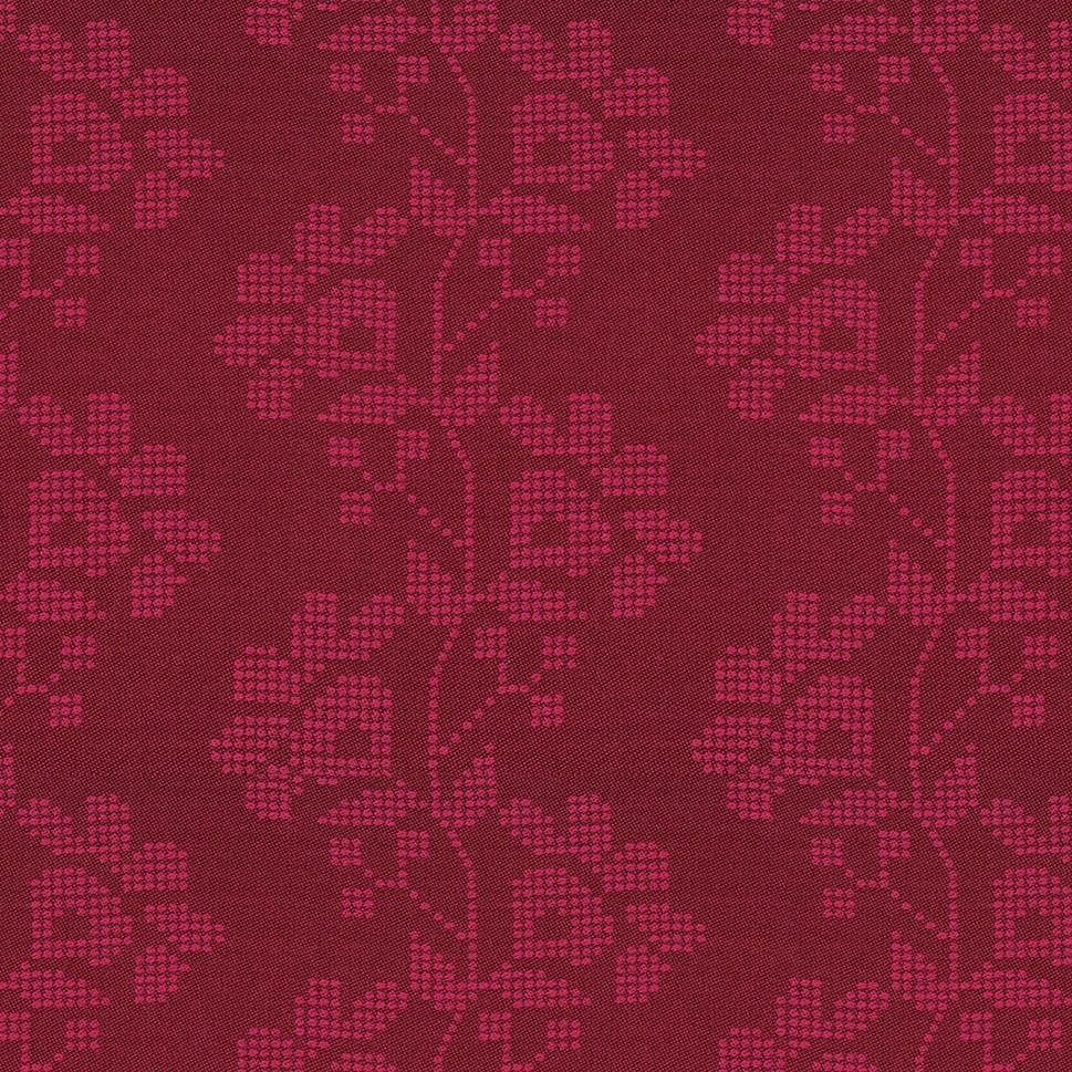 a repeating pattern of pink flowers on a dark red background.