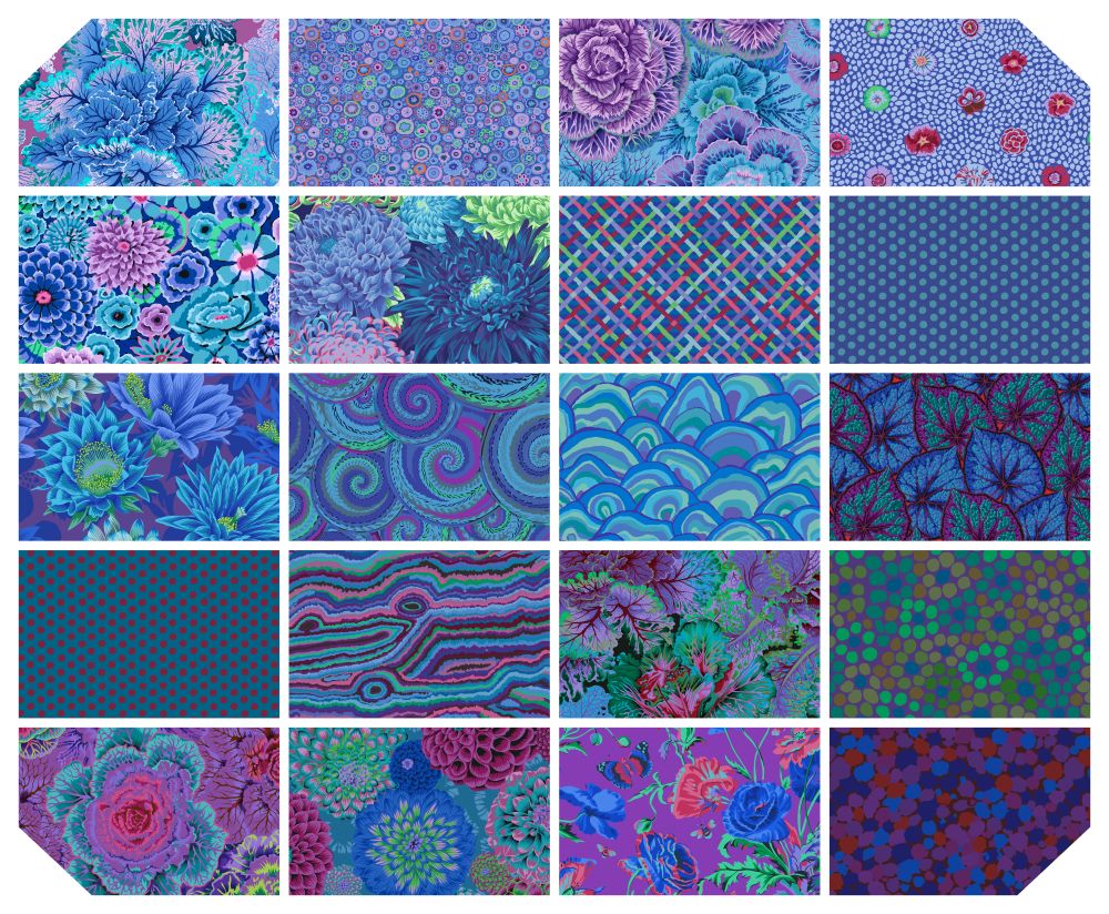 a collection of 16 different patterns and textures, predominantly in shades of blue and purple, with some featuring floral and geometric designs. The patterns vary in size and complexity, creating a visually diverse and engaging collage.