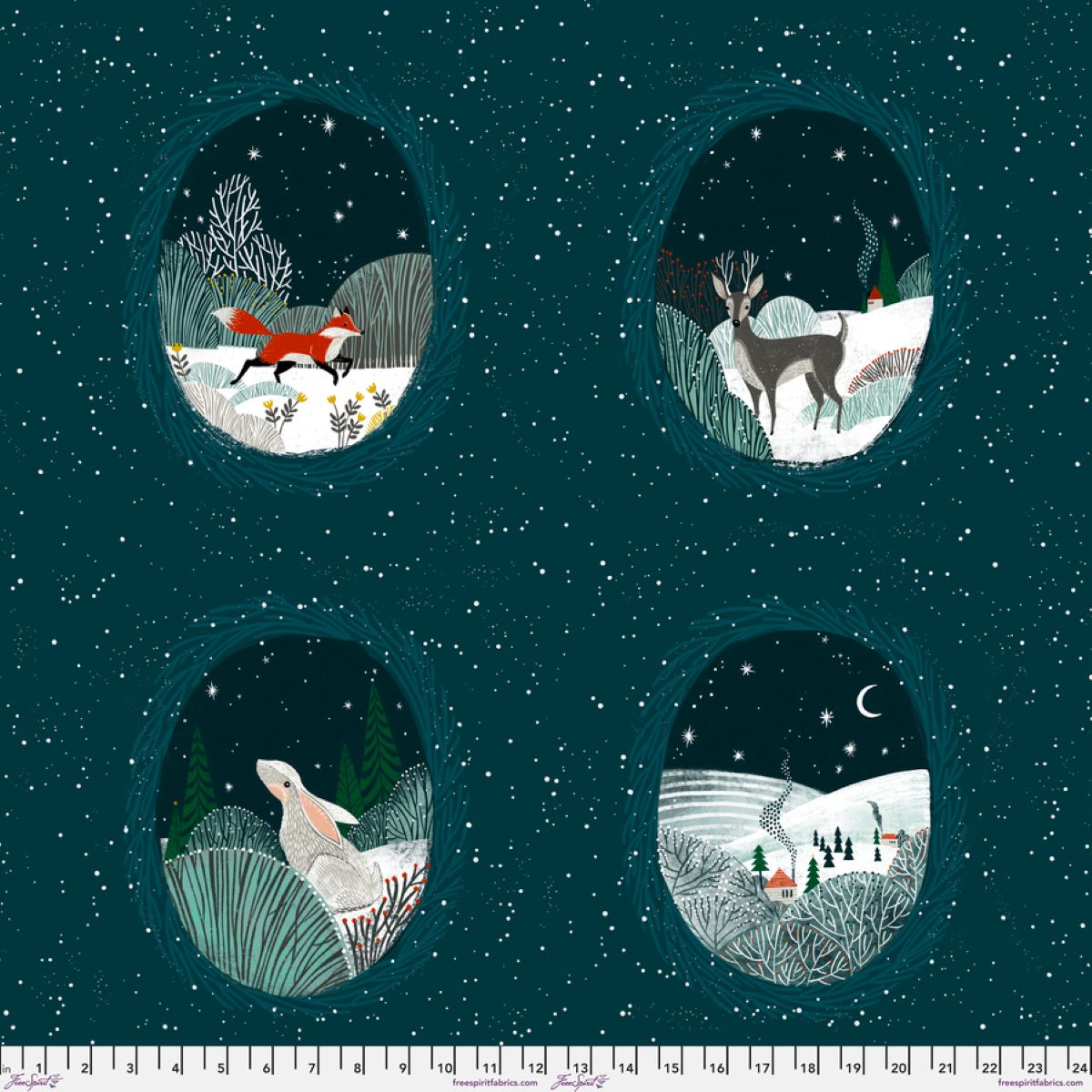 The image is a collage of four pictures depicting various winter scenes, including a fox, a deer, a rabbit, and a snowy landscape with a crescent moon.