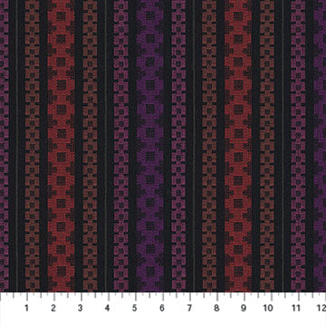a repeating pattern of vertical stripes in various colors, including red, purple, and black.