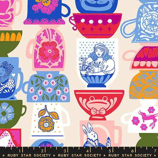 The image is a collage of various colorful and whimsical tea cups and mugs, each with unique designs and patterns.