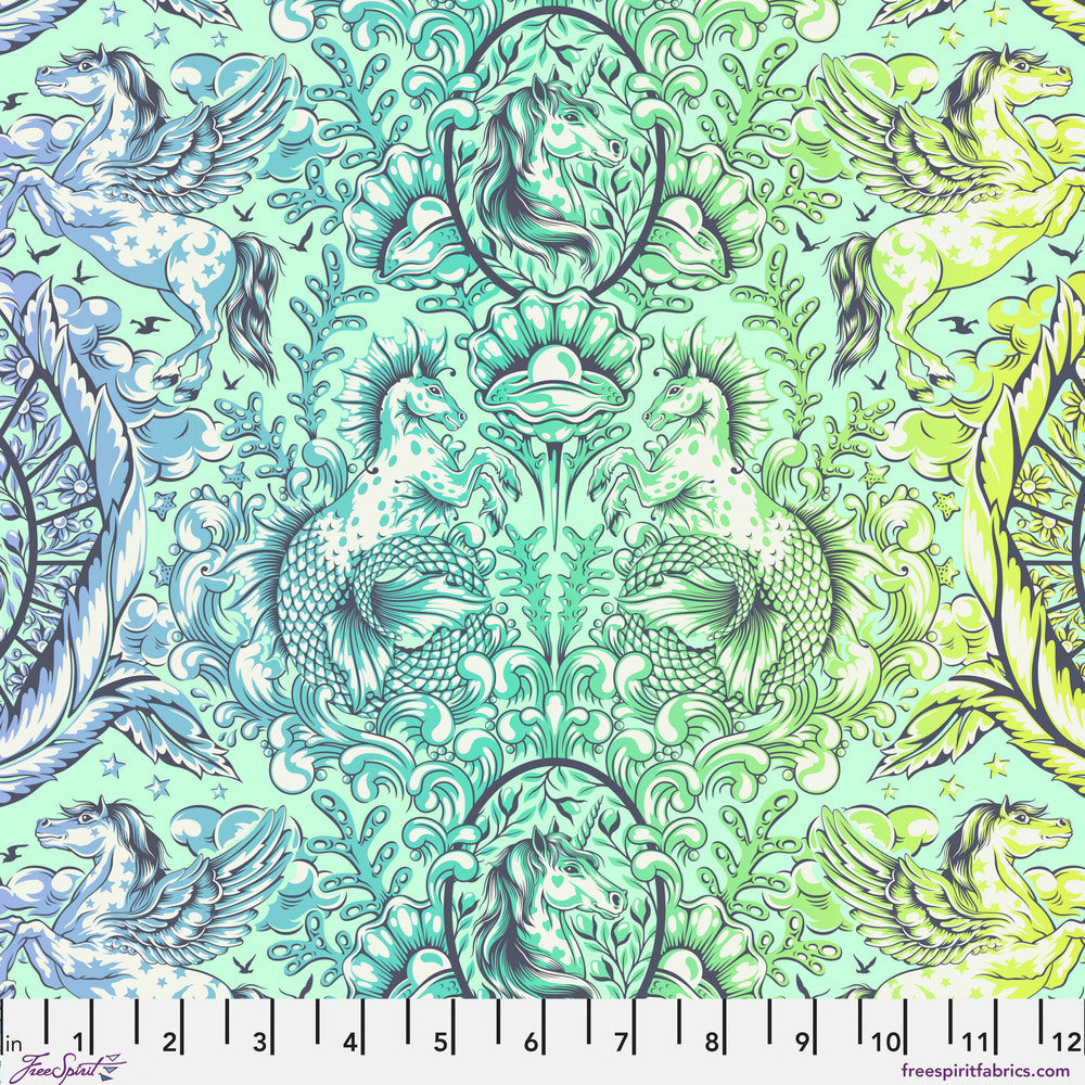 The image is a vibrant and intricate pattern featuring various fantastical creatures, including horses, fish, and mythical beings, all set against a backdrop of swirling, organic shapes and designs in shades of blue, green, and yellow.