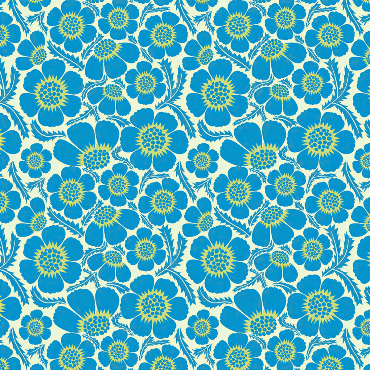 a repeating pattern of blue and yellow flowers with yellow centers, creating a visually striking and vibrant design.