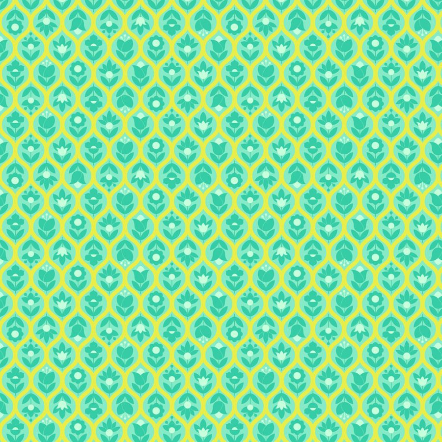 a repeating pattern of green and yellow flowers and leaves on a yellow background.