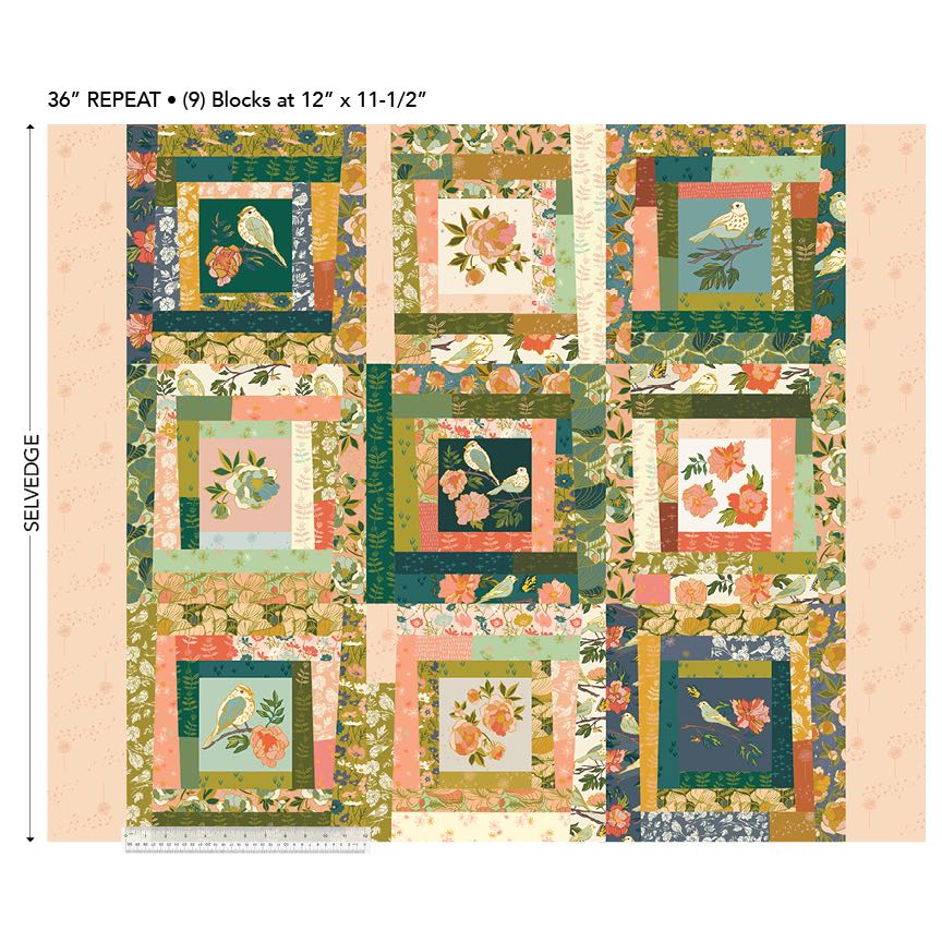 The image is a large, colorful quilt with a repeating pattern of floral and bird motifs. The quilt is composed of nine blocks, each containing a different design, arranged in a 3x3 grid pattern. The blocks feature a variety of colors, including shades of green, pink, blue, and orange, as well as images of birds and flowers. The quilt appears to be a handmade piece, showcasing the intricate design and craftsmanship.