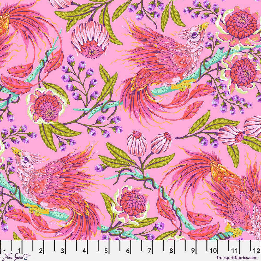 The image is a vibrant and colorful pattern featuring a variety of pink, green, and purple elements, including flowers, leaves, and birds.