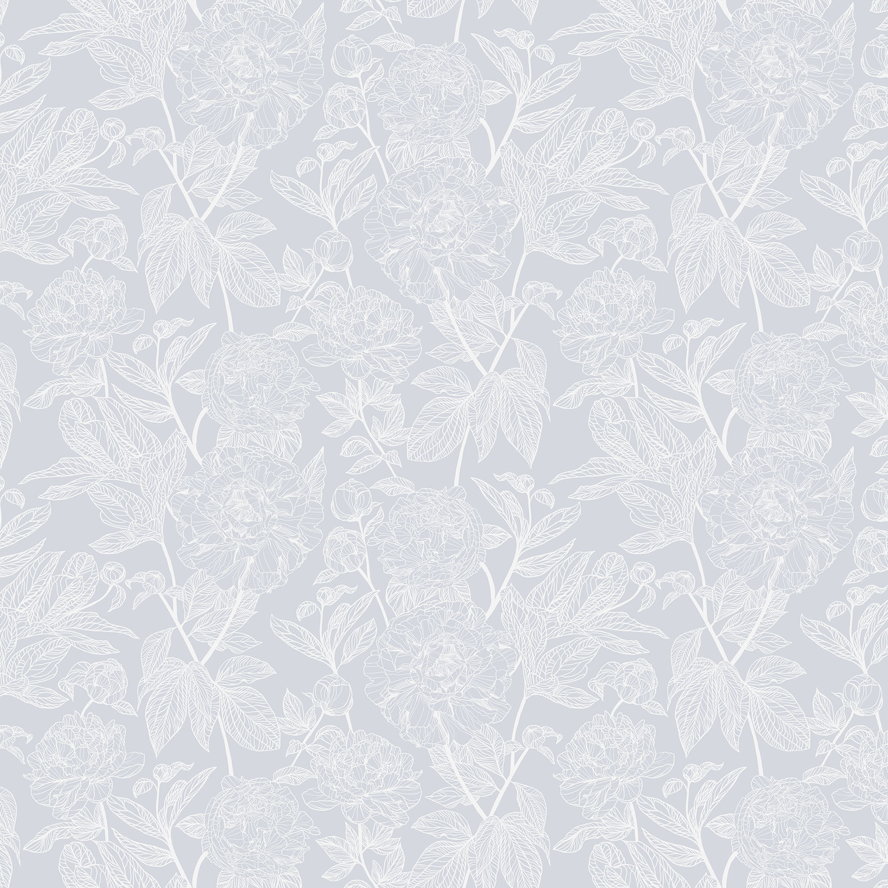 a repeating pattern of white floral and leaf designs on a light blue background.