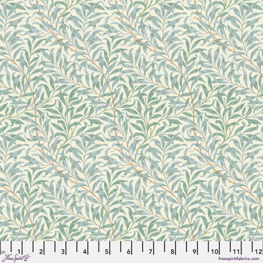 a repeating pattern of green leaves and branches on a light beige background.