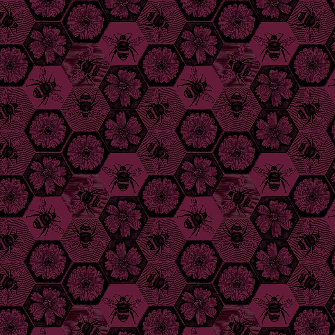 a repeating pattern of hexagons with black and pink flowers, along with black and pink bees.