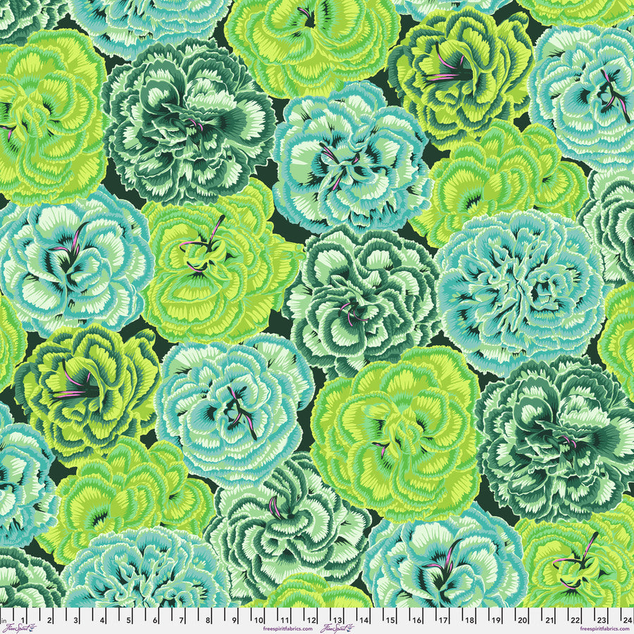 The image is a vibrant and colorful collage of various flowers in shades of green and blue, creating a visually striking and lively pattern.