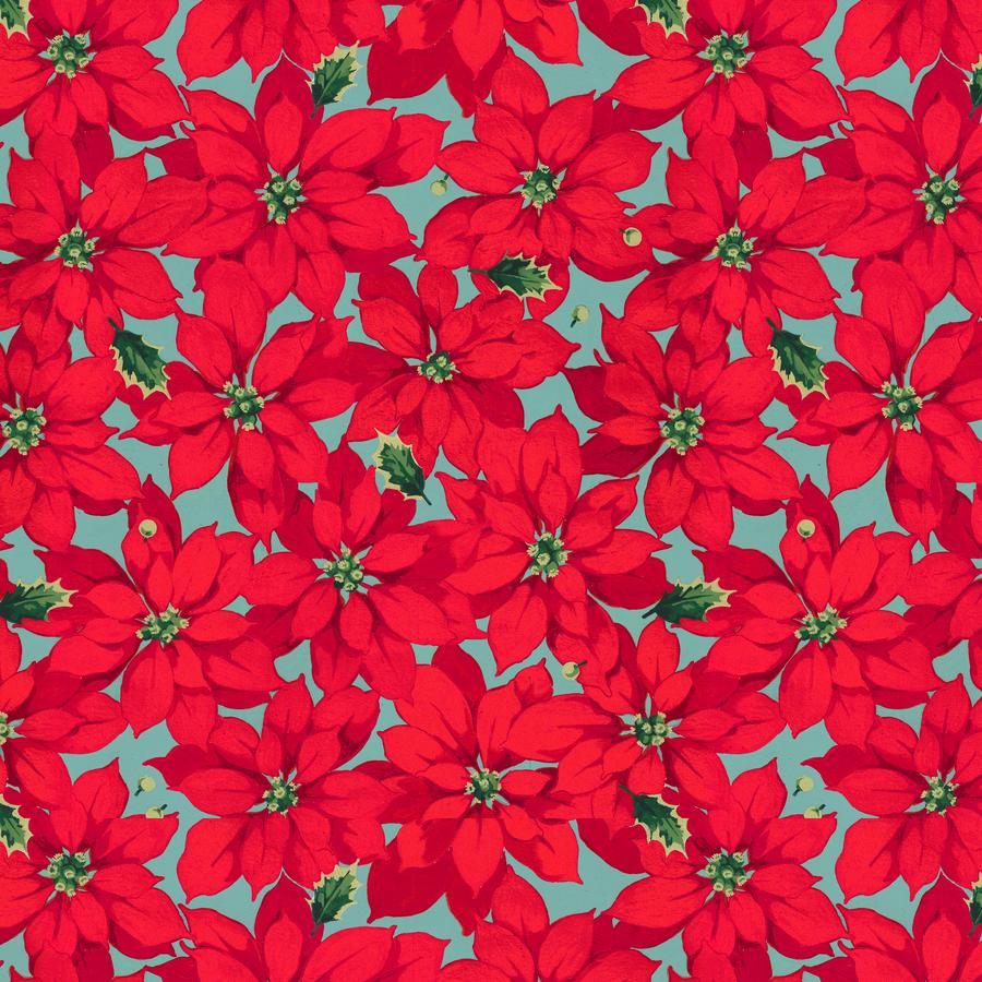 The image is a repeating pattern of red poinsettia flowers against a light blue background.