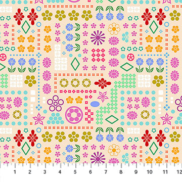 The image is a vibrant and colorful pattern featuring various flowers, leaves, and geometric shapes in a repeating design.