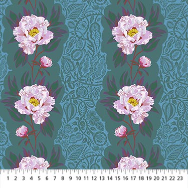 a repeating pattern of pink peonies with green leaves against a blue background.
