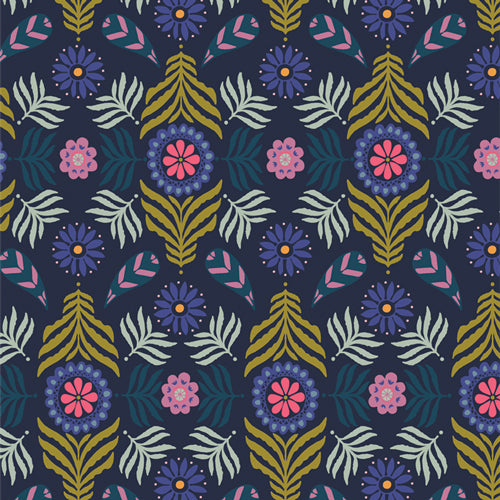 a repeating pattern of colorful flowers and leaves on a dark background.