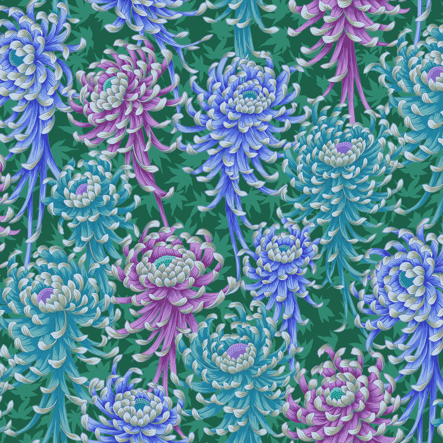 a vibrant and colorful pattern of chrysanthemum flowers in shades of blue, purple, and pink against a green background.