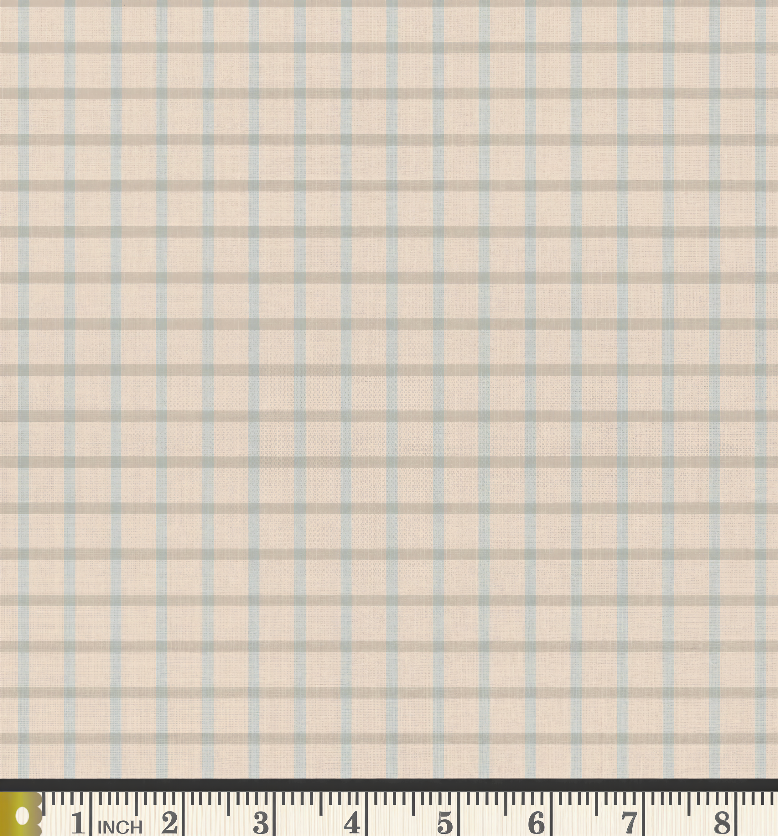 a fabric with a light blue and beige plaid pattern. The fabric appears to be a type of cotton or linen material. The image does not contain any text or other objects, and the focus is on the fabric's texture and color.