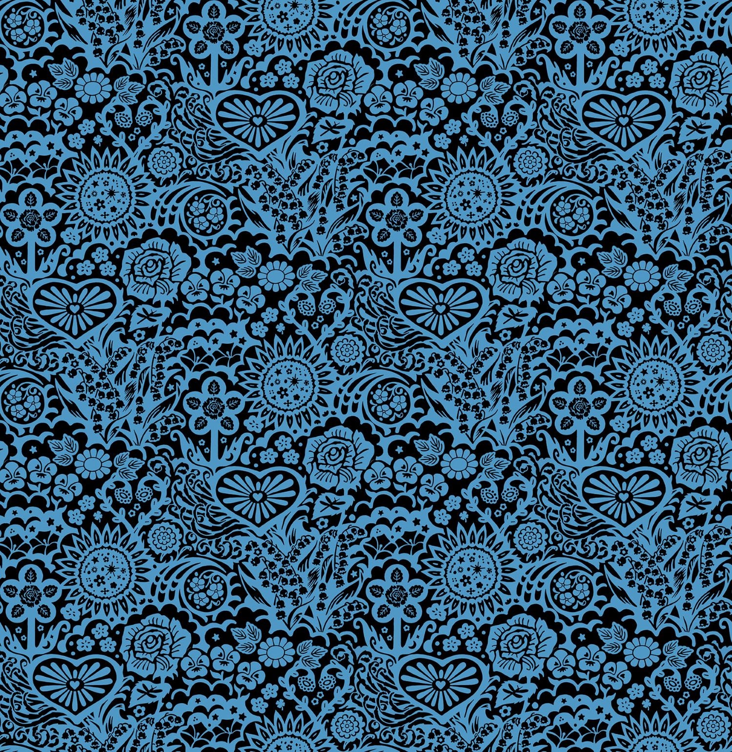 The image is a repeating pattern of various blue floral and leaf-like shapes, creating a visually striking and intricate design.