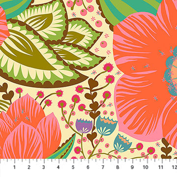 The image is a vibrant and colorful collage featuring various flowers and leaves in shades of pink, green, and orange.