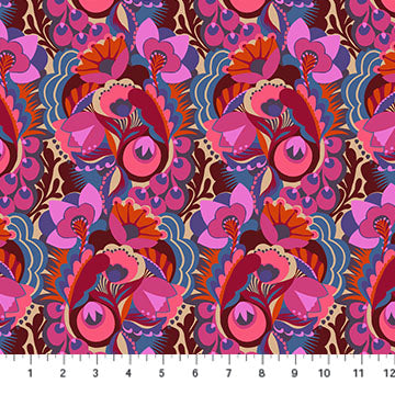 The image is a vibrant and colorful pattern featuring a repeating floral design with various shades of pink, red, and blue.